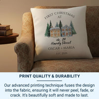 Personalised New Home Christmas Cushion - Winter Houses with Address & Names