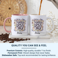Happy Birthday Mug – Personalised Name with Watercolour Florals – Pretty Gift for Her
