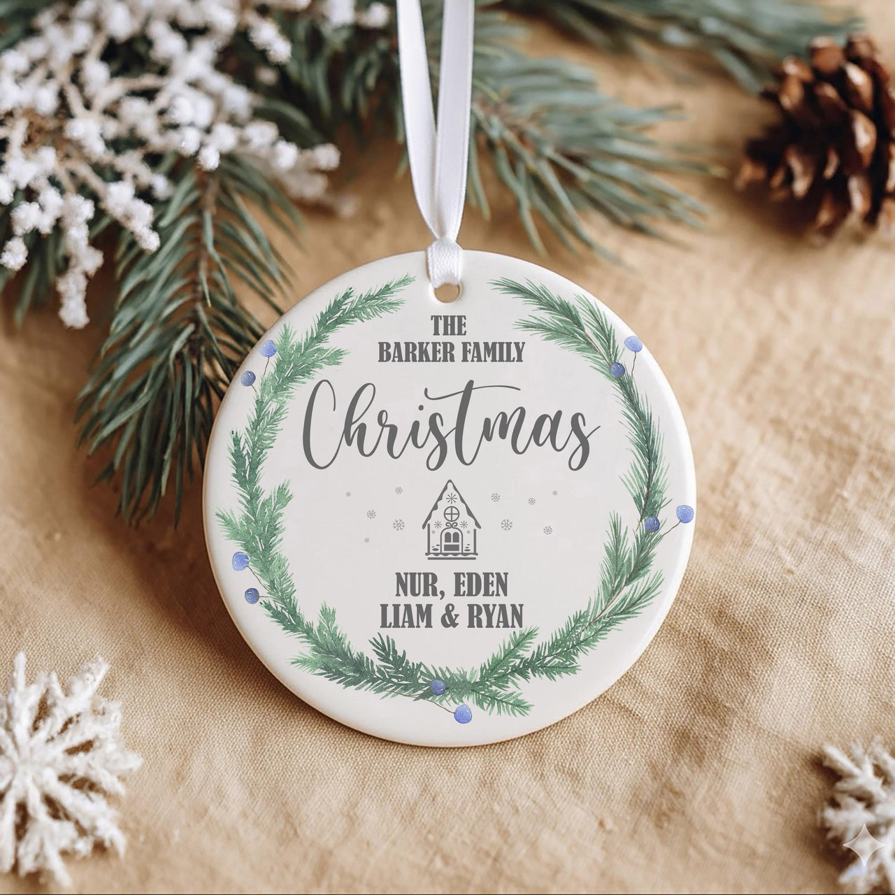 Family Christmas Ornament - Pine Wreath Keepsake with House for Family Tree
