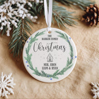 Family Christmas Ornament - Pine Wreath Keepsake with House for Family Tree