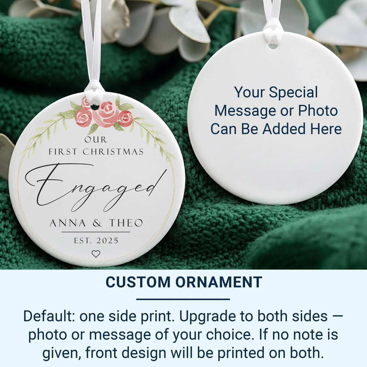First Christmas Engaged Ornament - Floral Keepsake with Names & Date for Couples