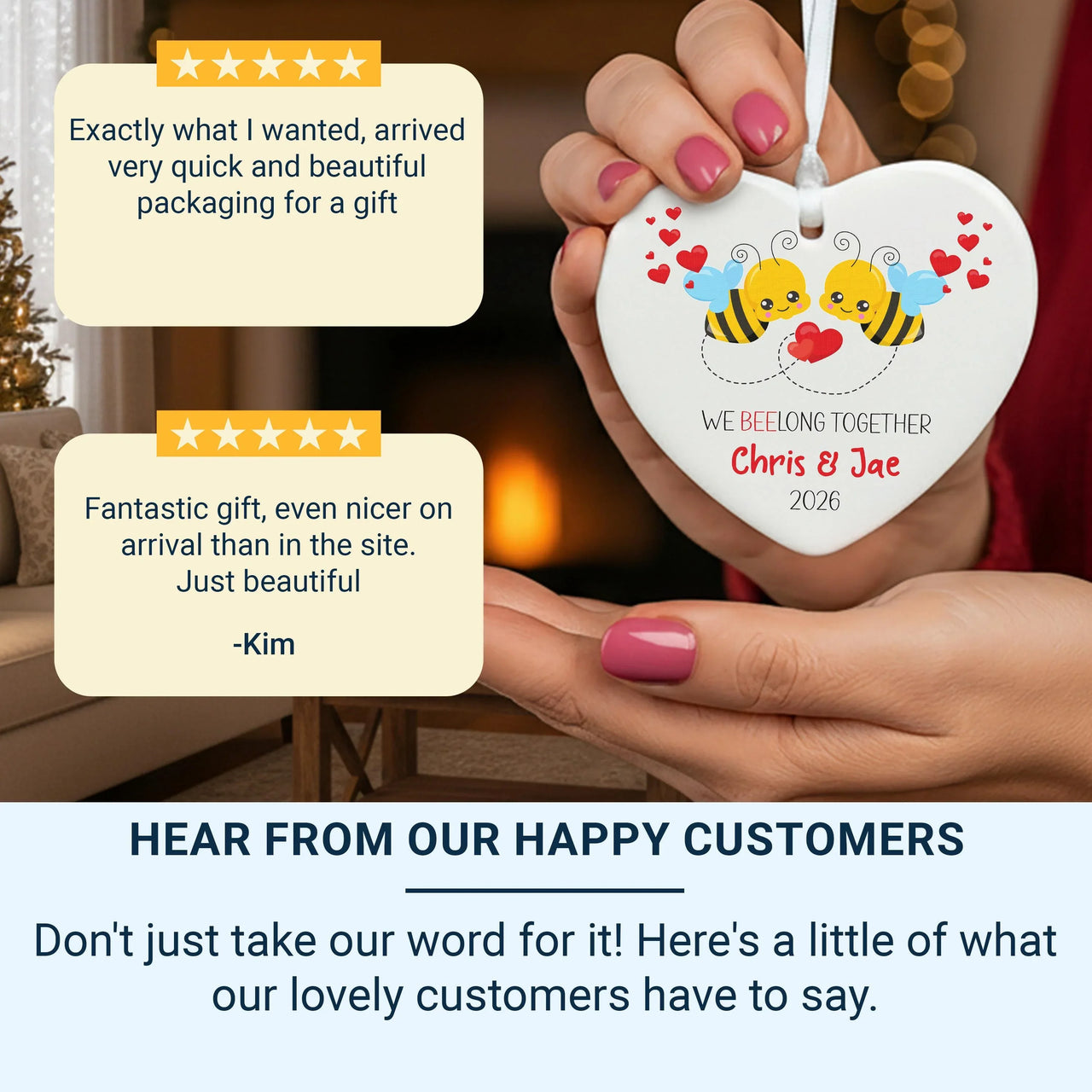 Bumble Bee Ceramic Heart Ornament - Personalised Couple Gift for Anniversary, Christmas or Romantic Present