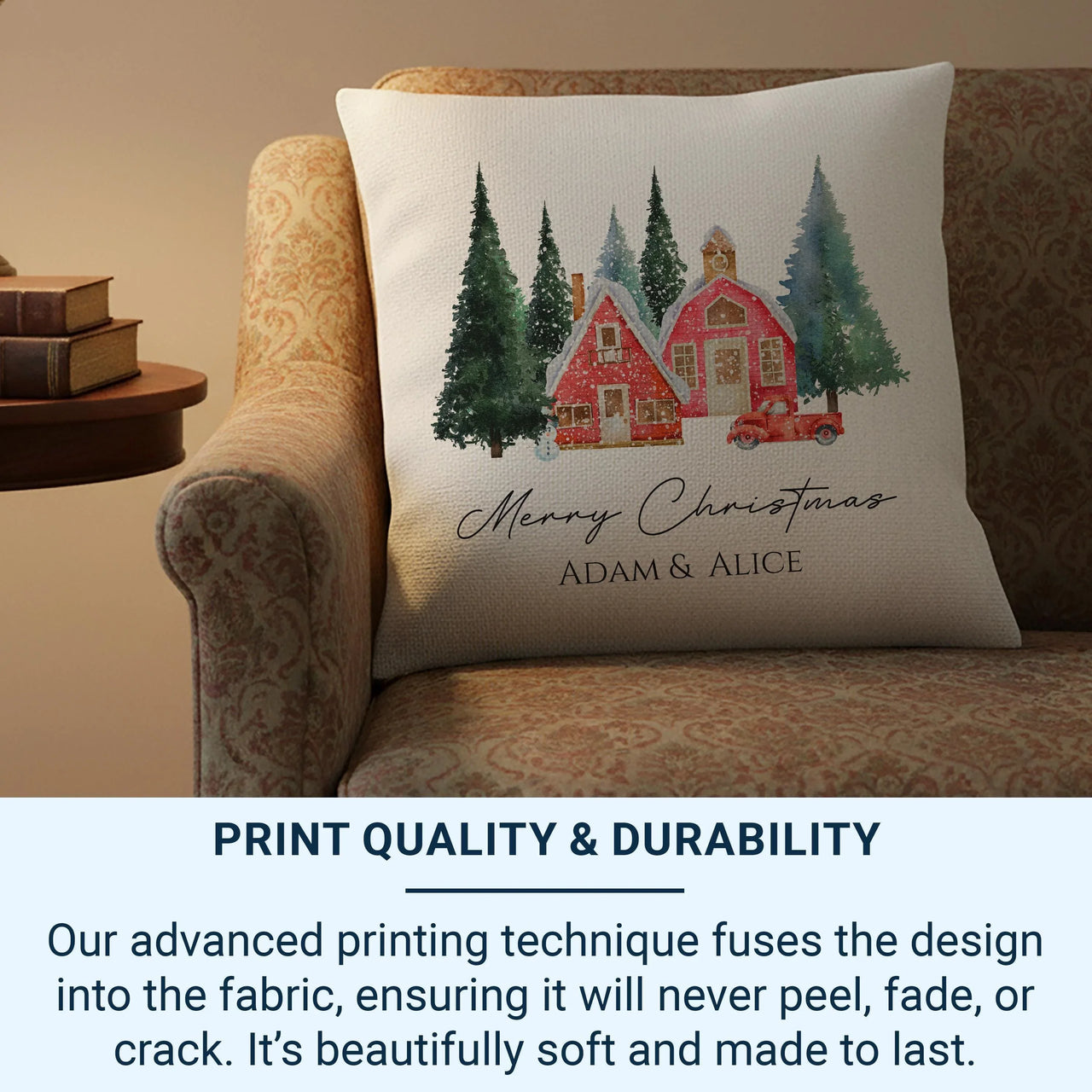 Personalised Christmas Cushion – Red Winter Design | Linen & White Cover