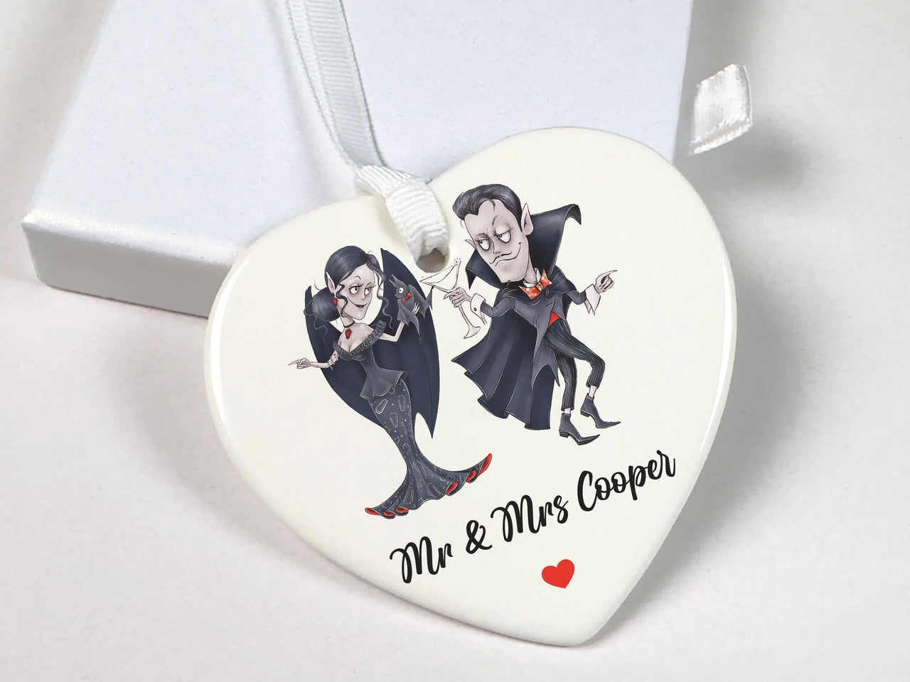 Vampire Couple Heart Ornament - Playful Mr & Mrs Keepsake with Names for Fun Love