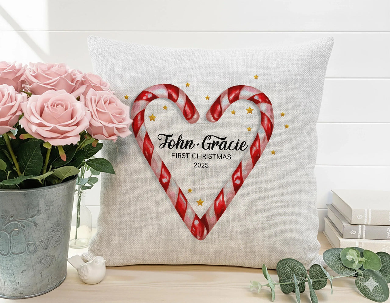 Personalised First Christmas Cushion – Custom Christmas Pillow With Romantic Candy Cane Heart