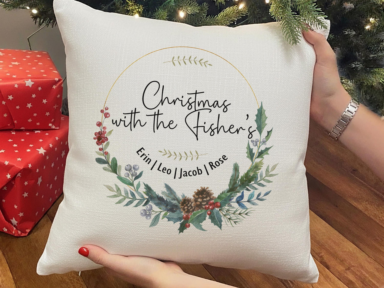 Personalised Christmas Family Cushion Cover, Xmas Wreath Home Decor, Gift for Friend, Stocking Filler, Family Name Pillow, Gift Under 20