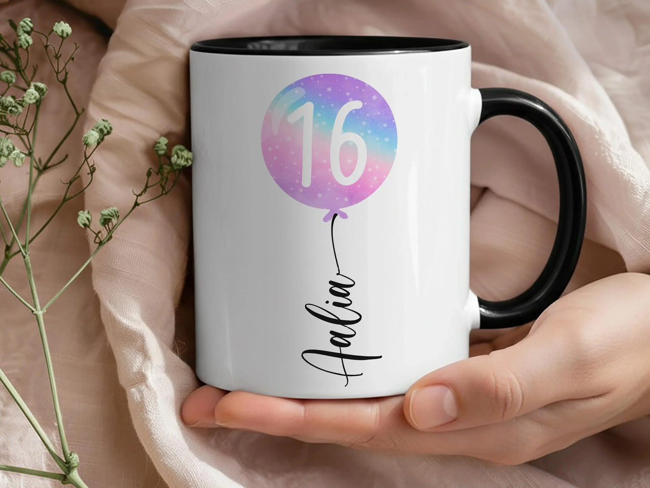 16th Birthday Mug – Personalised Name and Star Balloon Design – Sweet Sixteen Milestone Gift and Morning Surprise