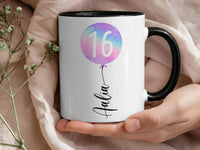 16th Birthday Mug – Personalised Name and Star Balloon Design – Sweet Sixteen Milestone Gift and Morning Surprise