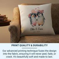 Personalised Penguin Cushion – Romantic Keepsake With Floral Crown Design & Custom Name Pillow