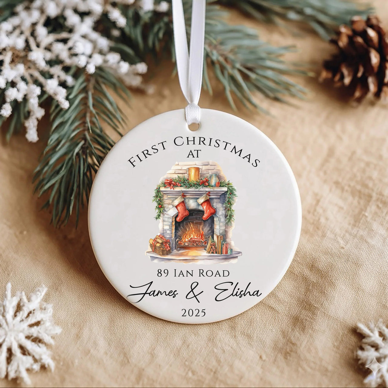 Personalised 2025 New Home Ceramic Ornament with Road Name - First Christmas Decoration, Home Owner Gift, Festive Fireplace Stocking Design