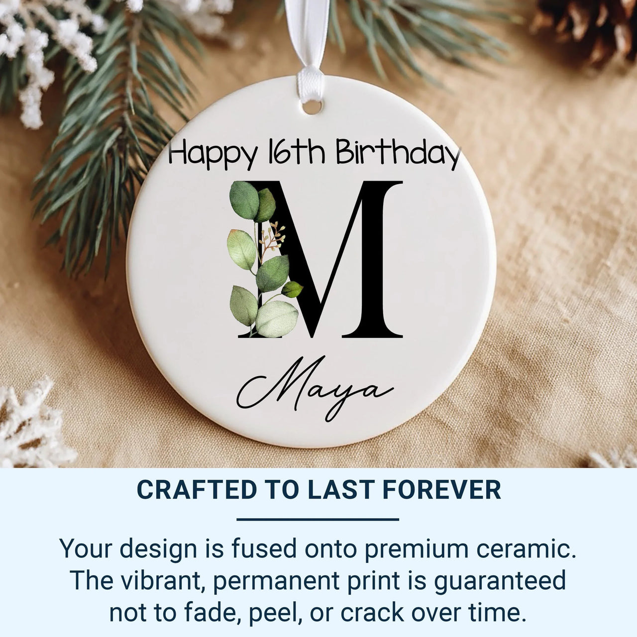 Sweet 16 Birthday Ornament - Leafy Letter Keepsake with Name for Milestone