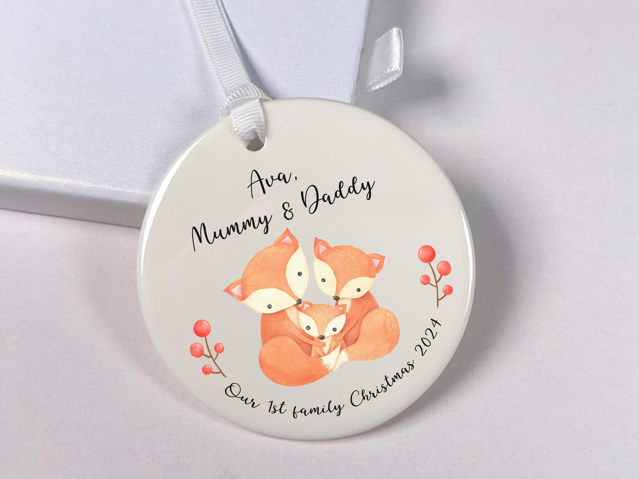 Personalised 1st Family Christmas Ornament - Adorable Trio Foxes Design - Xmas Keepsake - Christmas Eve Box Filler - Holiday Gift for Family