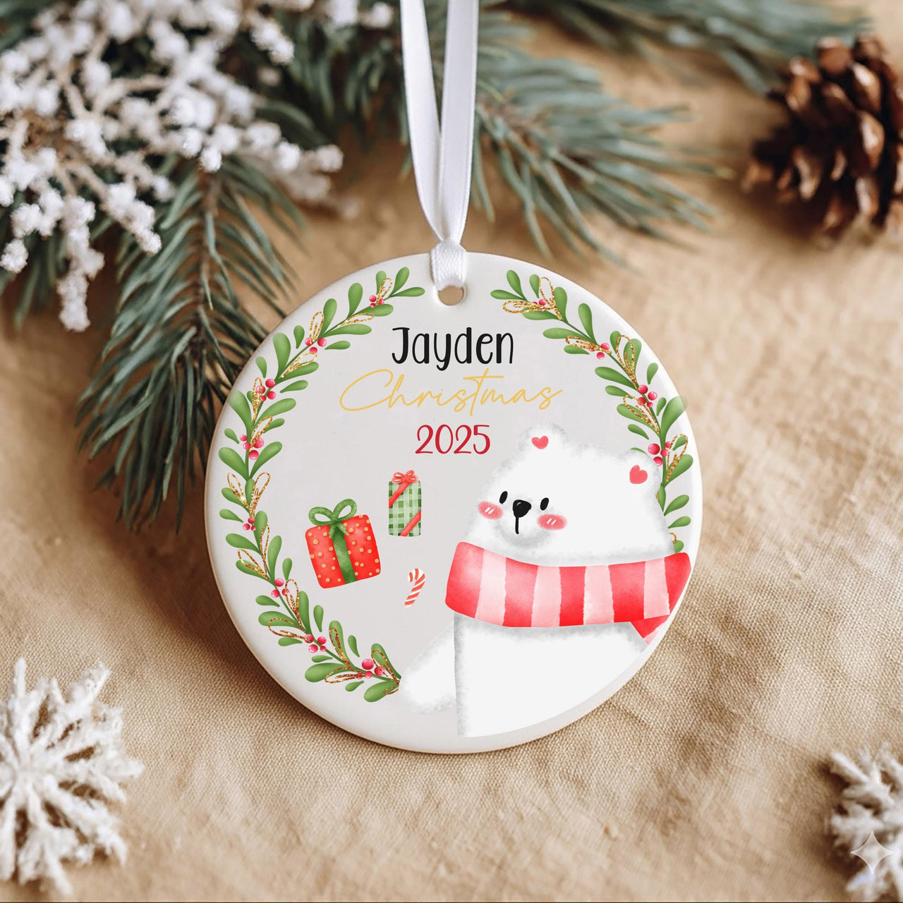 White Bear Xmas Ornament - Baby's First Christmas Keepsake with Name & Year for Family Tree