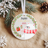 White Bear Xmas Ornament - Baby's First Christmas Keepsake with Name & Year for Family Tree