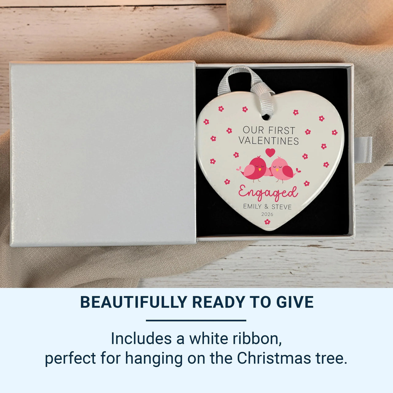 First Valentine Engaged Ornament - Pink Lovebirds Heart with Names 2026