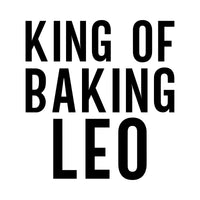 Flat black artwork in tall condensed capitals reading 'King of Baking' with the example name 'LEO' below