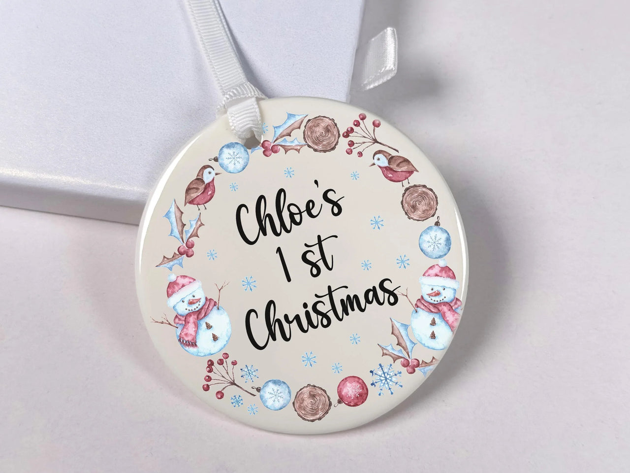 Baby First Christmas Ornament - Personalised Baby Name Keepsake With Snowmen & Holly
