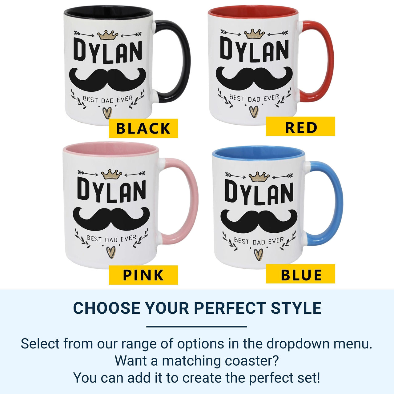 Best Dad Ever Mug Personalised with Crown and Moustache _ Fathers Day and Birthday Gift