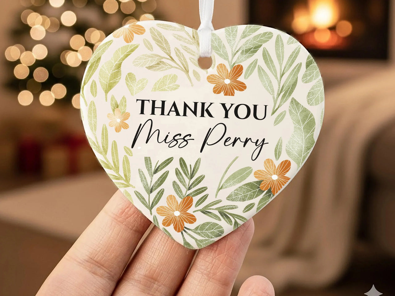 Teacher Heart Ornament - Green Floral Thank You Keepsake with Name DENMARY