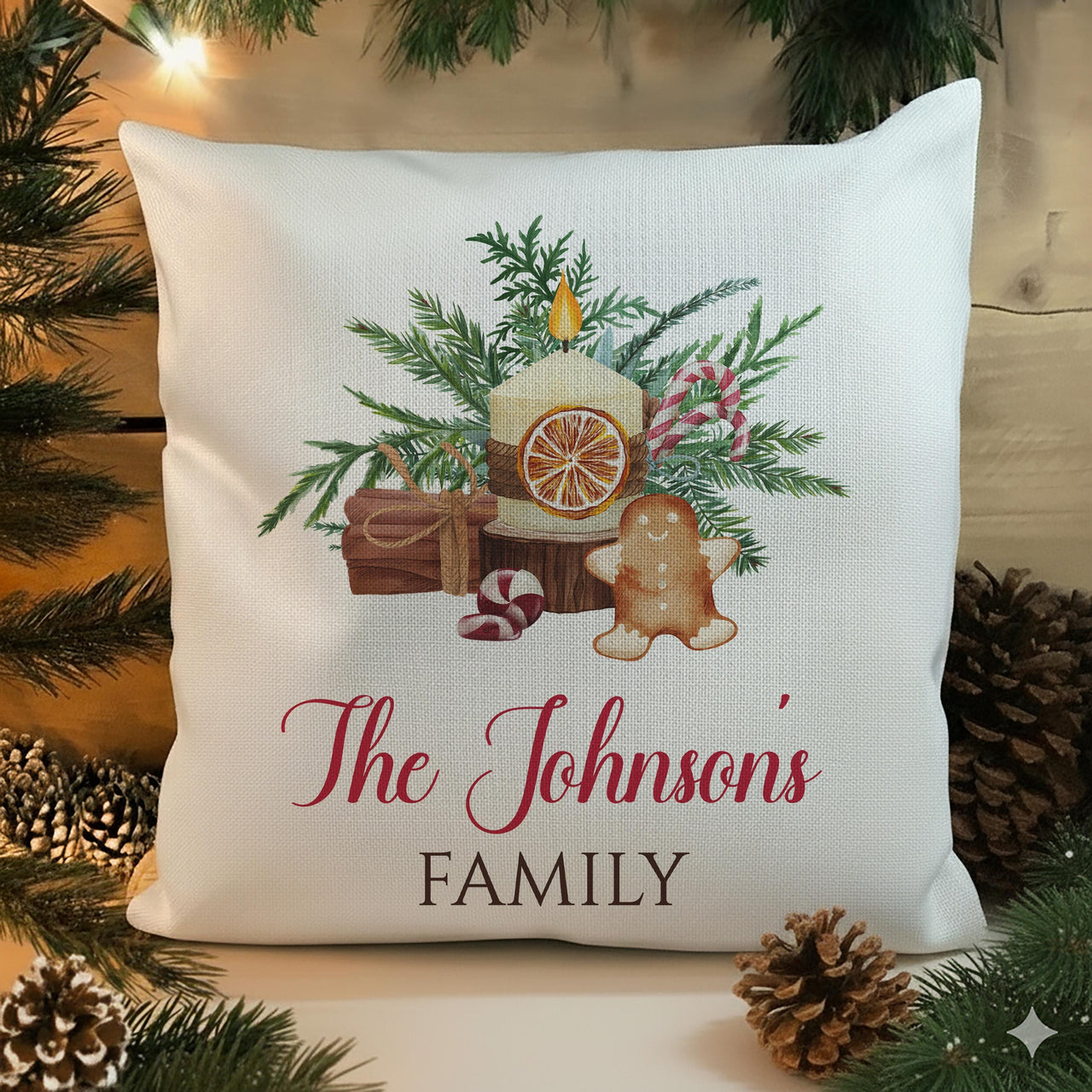 Personalised Family Christmas Cushion - Festive Icons Design with Family Name