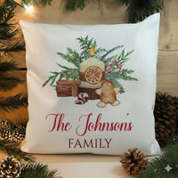 Personalised Family Christmas Cushion - Festive Icons Design with Family Name
