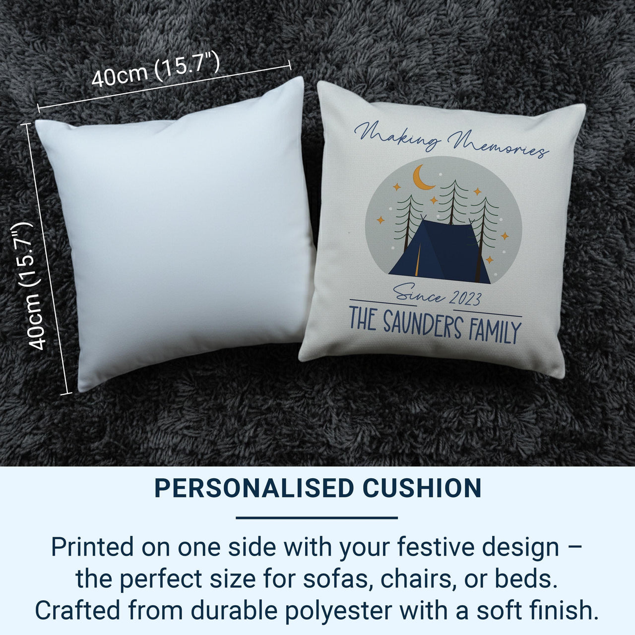 Personalised Family Camping Cushion - Outdoor Adventure Keepsake with Tent & Stars
