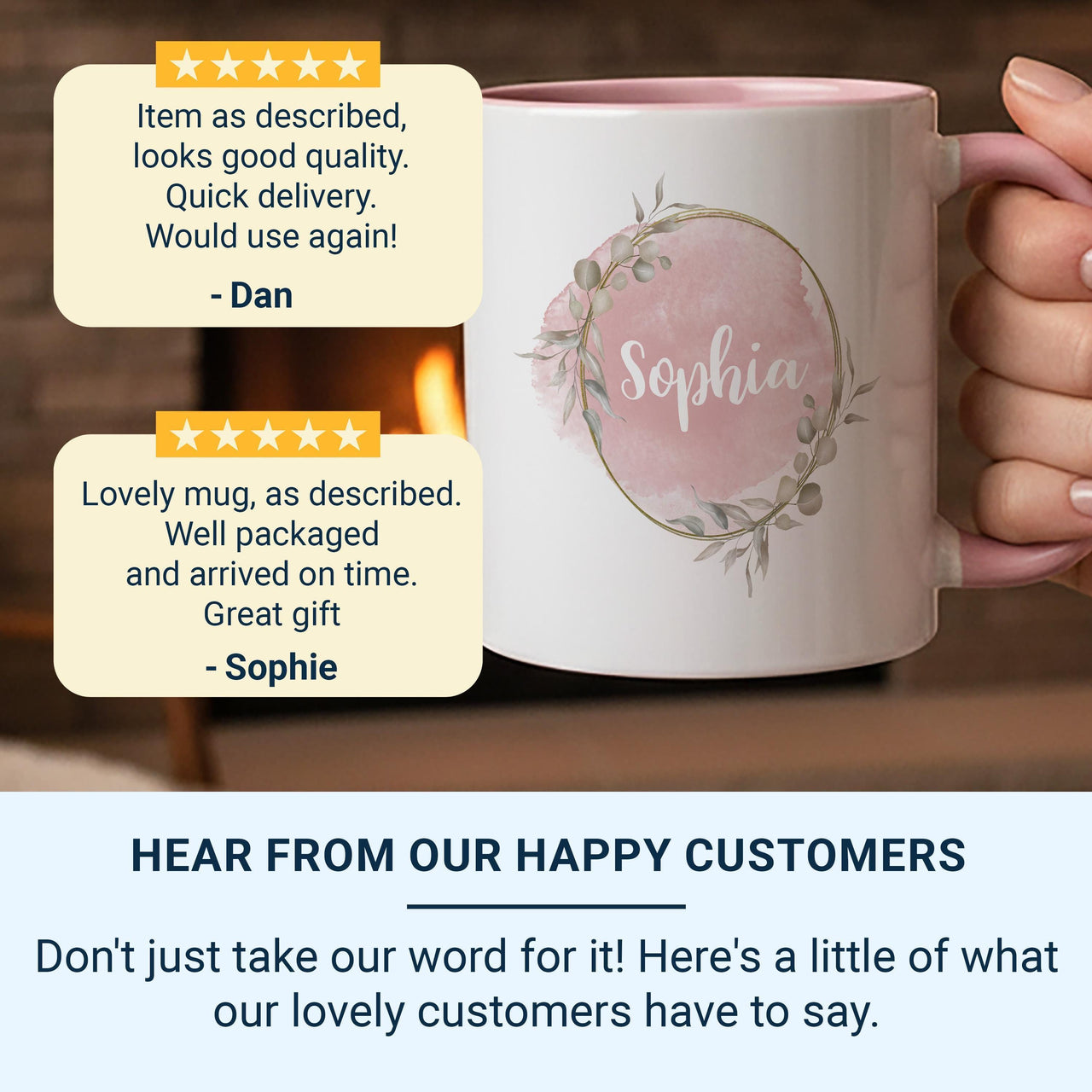 Personalised Name Mug – Pink Watercolour with Gold Wreath and Green Leaves – Elegant Gift for Her