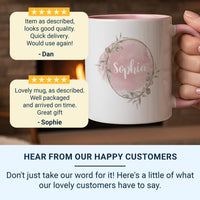 Personalised Name Mug – Pink Watercolour with Gold Wreath and Green Leaves – Elegant Gift for Her