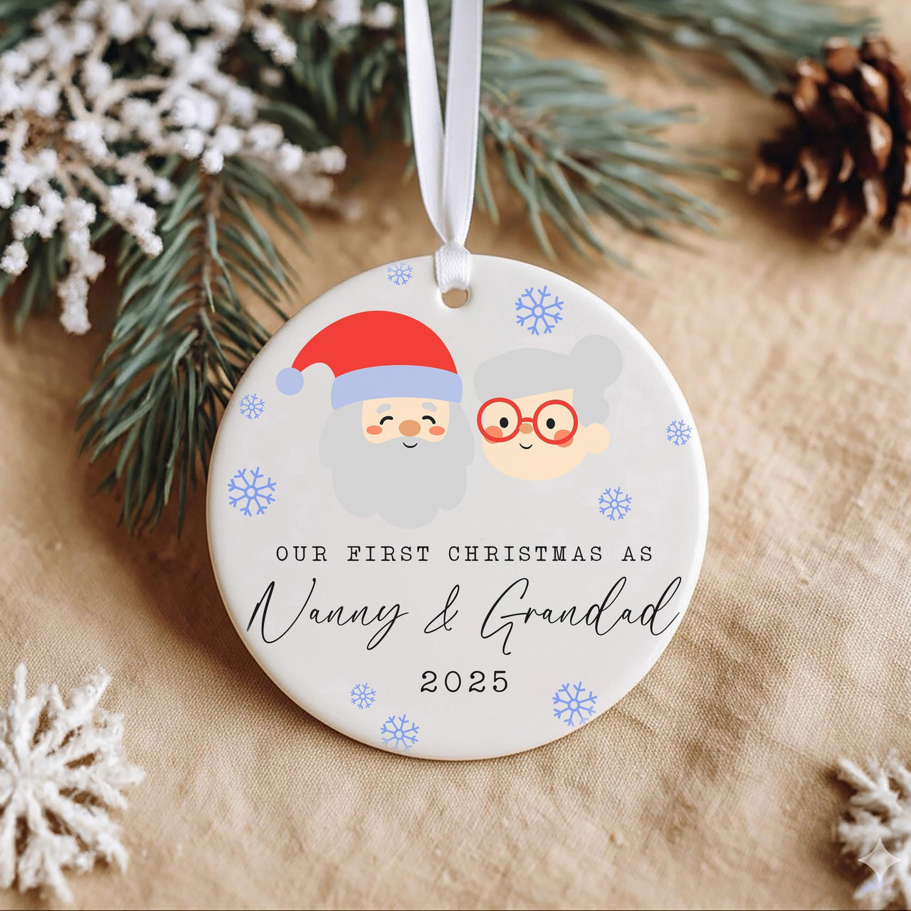 Nanny & Grandad Ornament - First Christmas Keepsake with Santa Faces for Grandparents