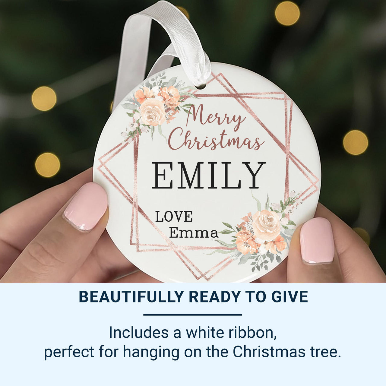 Floral Xmas Ornament - Elegant Keepsake with Names for Couples, Friends & Family Gifting