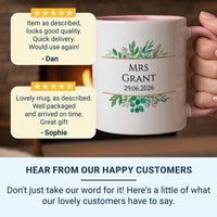 Mrs Wedding Date Personalised Mug – Surname and Exact Date with Greenery – Bride Morning, Bridal Shower and Newlywed Keepsake
