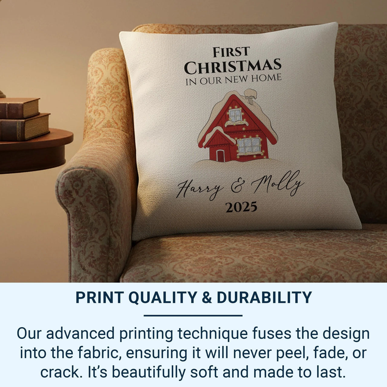 Personalised Christmas Cushion – Snowy House Cushion With Custom Name Pillow Insert