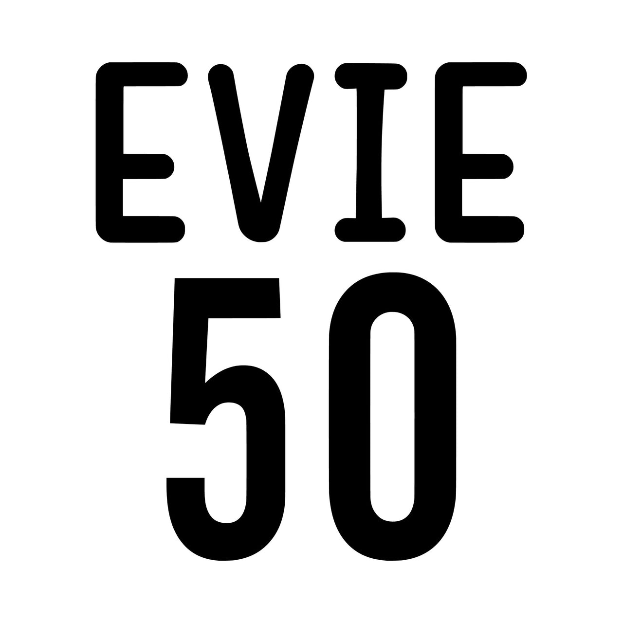 Flat black artwork showing the sample name 'EVIE' above a large '50', name and age design for a 50th birthday