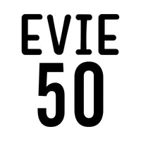 Flat black artwork showing the sample name 'EVIE' above a large '50', name and age design for a 50th birthday