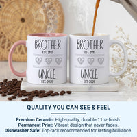 Brother to Uncle Mug - EST. Dates Personalised with Heart Icons - New Uncle and Pregnancy Reveal Gift
