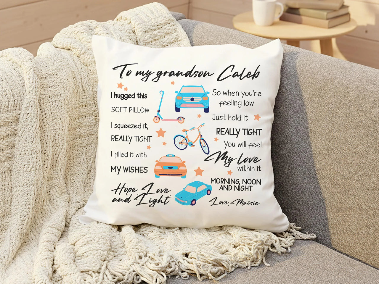 Personalised Grandson Cushion – Custom Kids Cushion with Playful Car & Stars Design