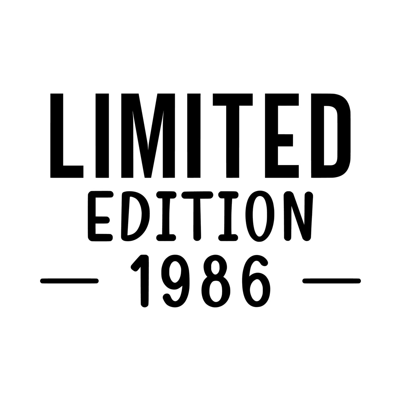 Flat black design 'LIMITED EDITION 1986' in stacked capitals with lines either side of the year, iron-on vinyl