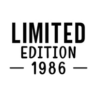 Flat black design 'LIMITED EDITION 1986' in stacked capitals with lines either side of the year, iron-on vinyl