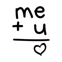 Hand-lettered 'me + u' sum with a line and heart below, black artwork on white for an iron-on transfer