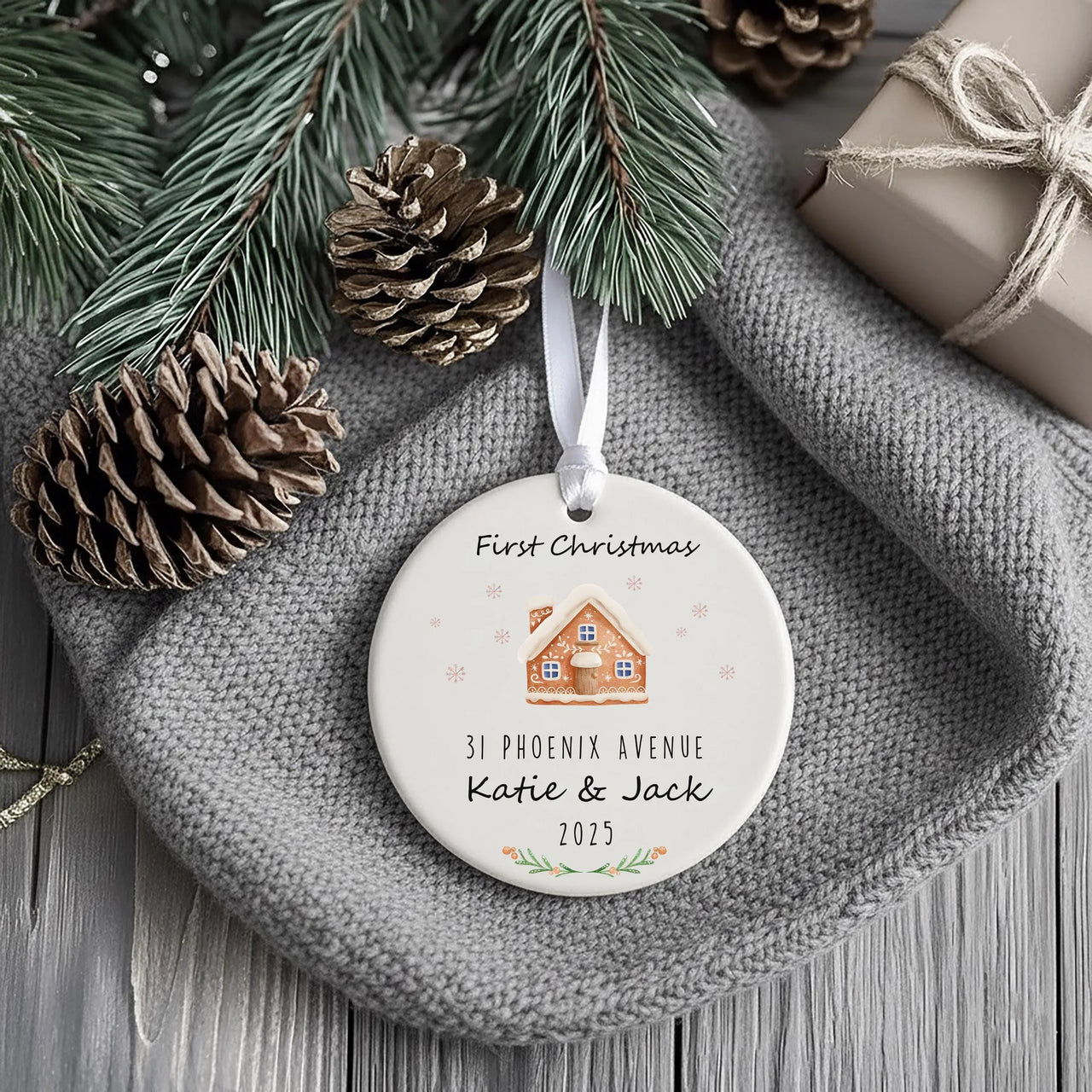 New Home Christmas Ornament with Gingerbread House Design, Personalised Xmas Keepsake, Our First Home Cute Ornament, First Christmas Bauble