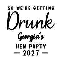 Flat black hen do artwork: large script 'Drunk' between capital lines, example name and the year with dashes