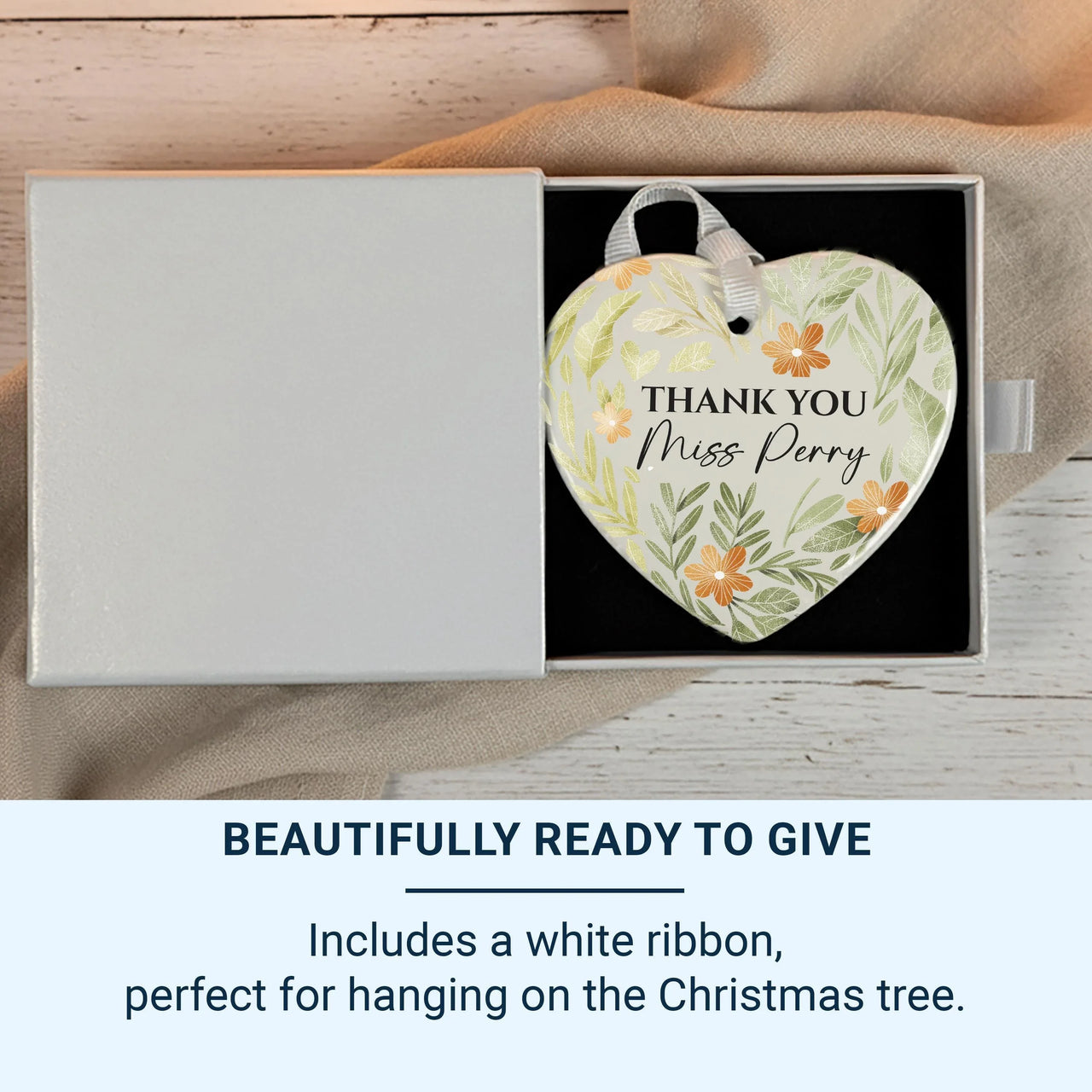 Teacher Heart Ornament - Green Floral Thank You Keepsake with Name DENMARY