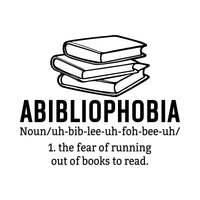 Abibliophobia iron-on transfer artwork in black on white: book stack, word and 'the fear of running out of books to read'
