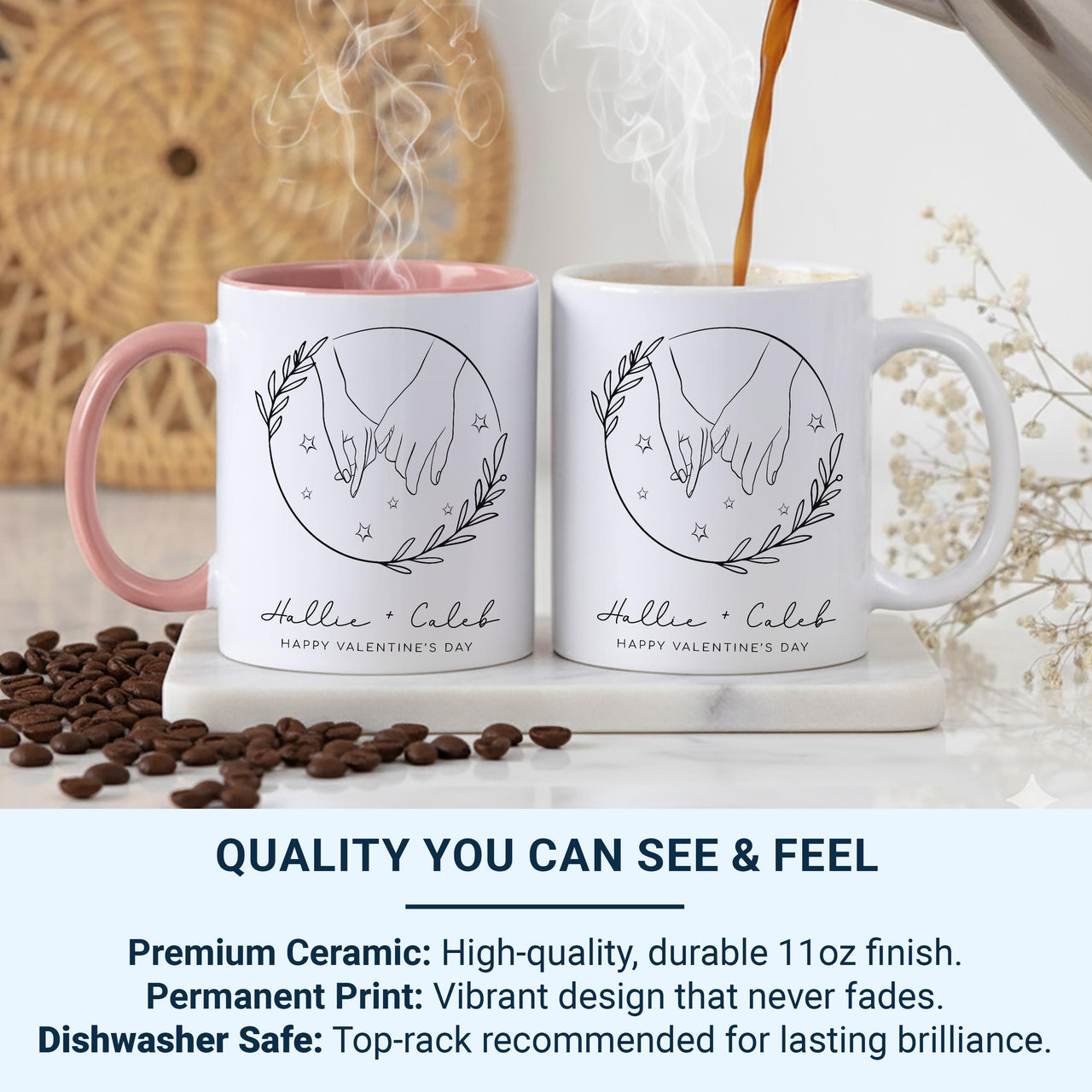 Happy Valentine’s Day Mug – Personalised Couple Names with Starry Hands Motif – Romantic Anniversary and Engagement Gift