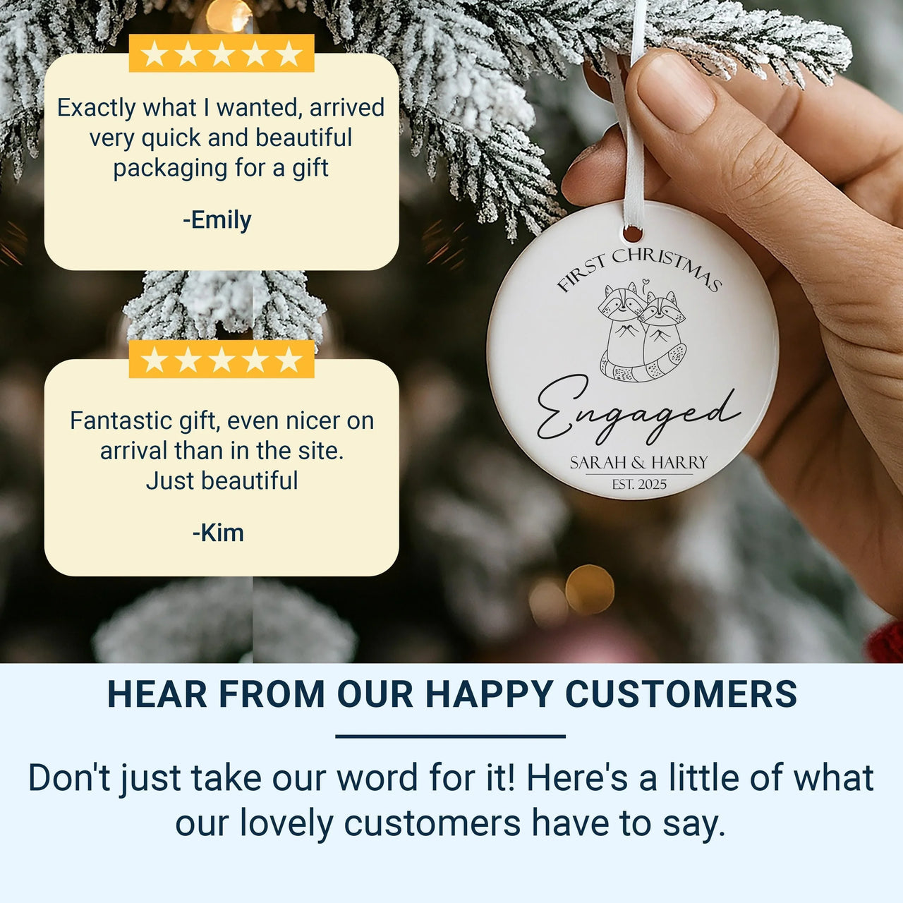 Raccoon Couple Ornament - First Christmas Engaged Keepsake with Hearts & Names