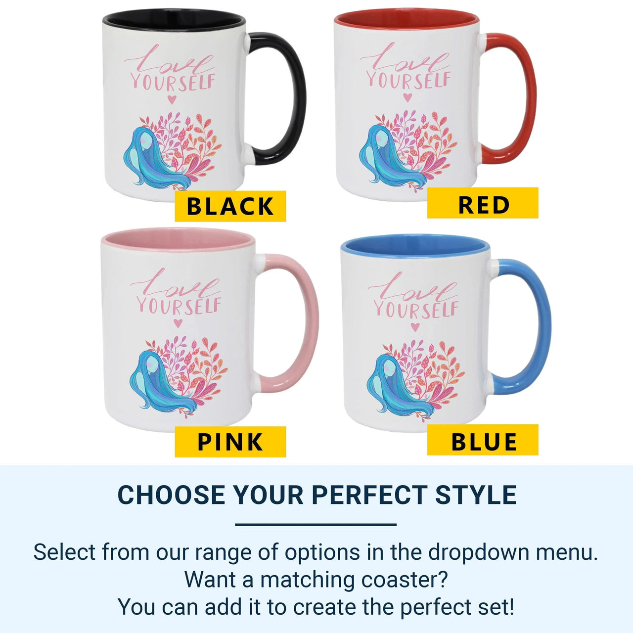 Love Yourself Mug – Motivational Ceramic Coffee Cup with Botanical Art