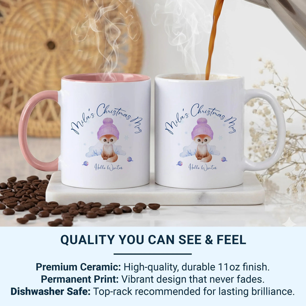 Personalised Christmas Mug – Kids Winter Holiday Mug with Hello Winter Design