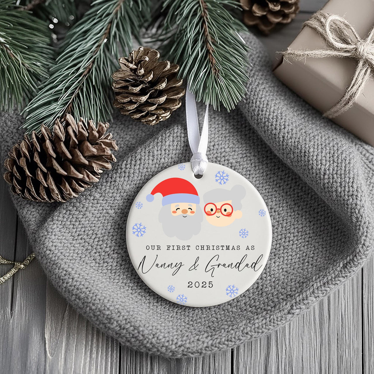 Nanny & Grandad Ornament - First Christmas Keepsake with Santa Faces for Grandparents
