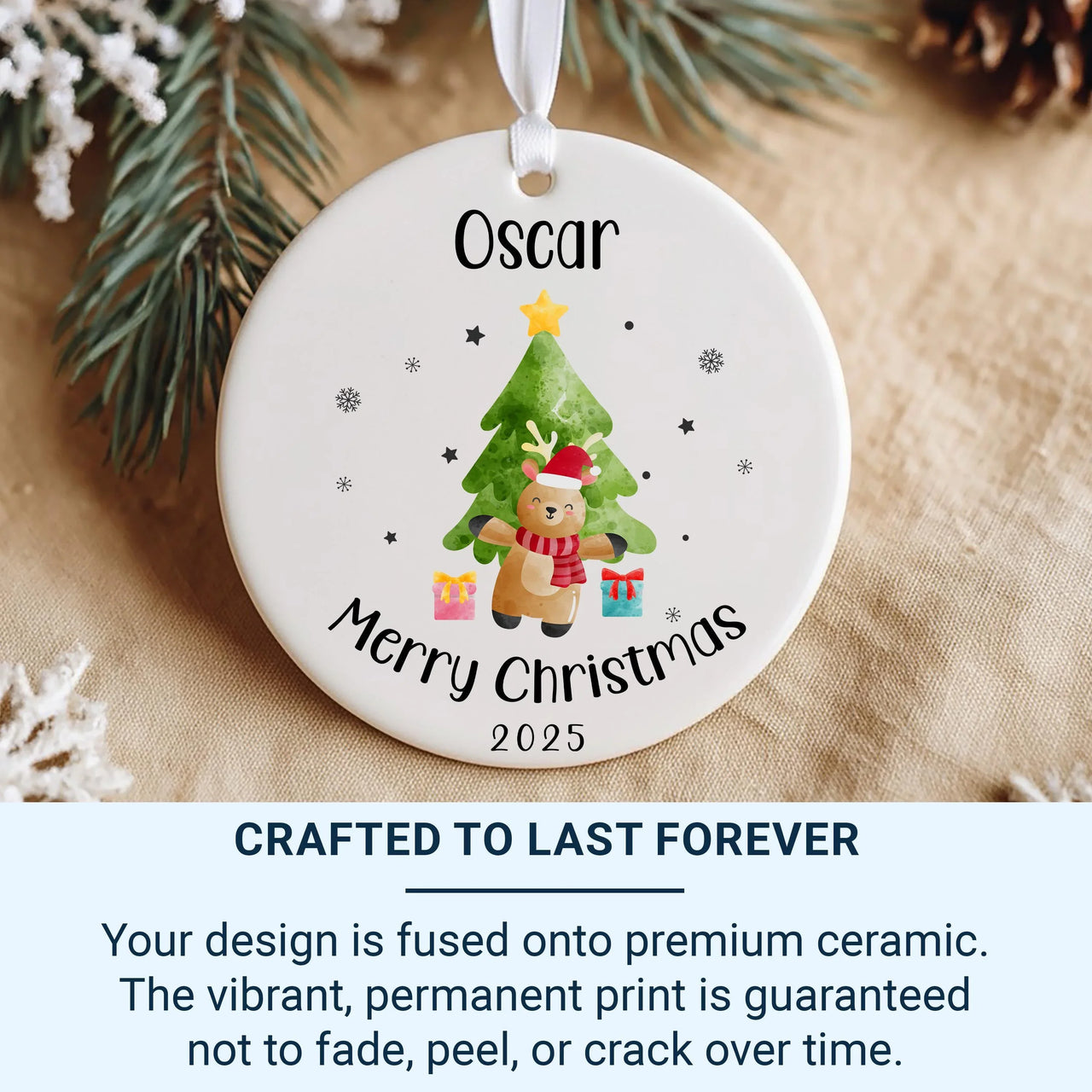 Personalised Christmas Ornament - Cute Reindeer and Xmas Tree Bauble - Ceramic Christmas Keepsake for Kids - Unique Christmas Eve Box Filler