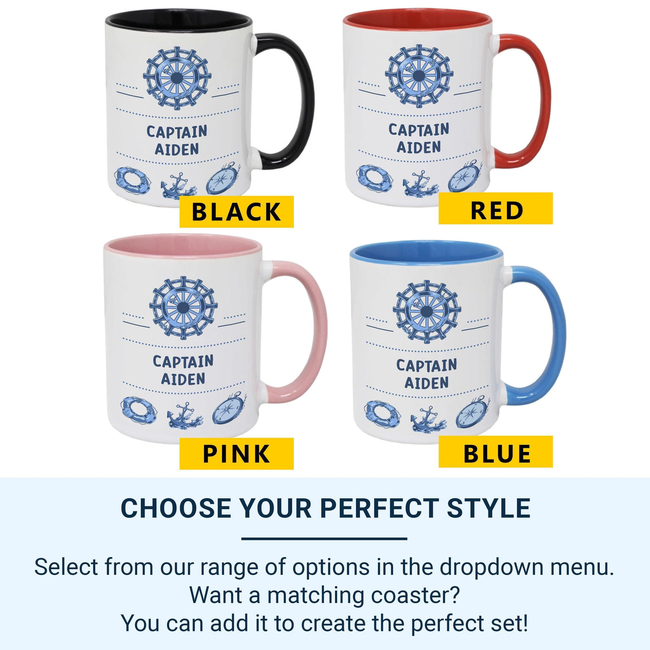 Captain Personalised Mug – Nautical Wheel and Anchor – Custom Name Gift for Boat Lovers, Sailing Fans and Sea Captains